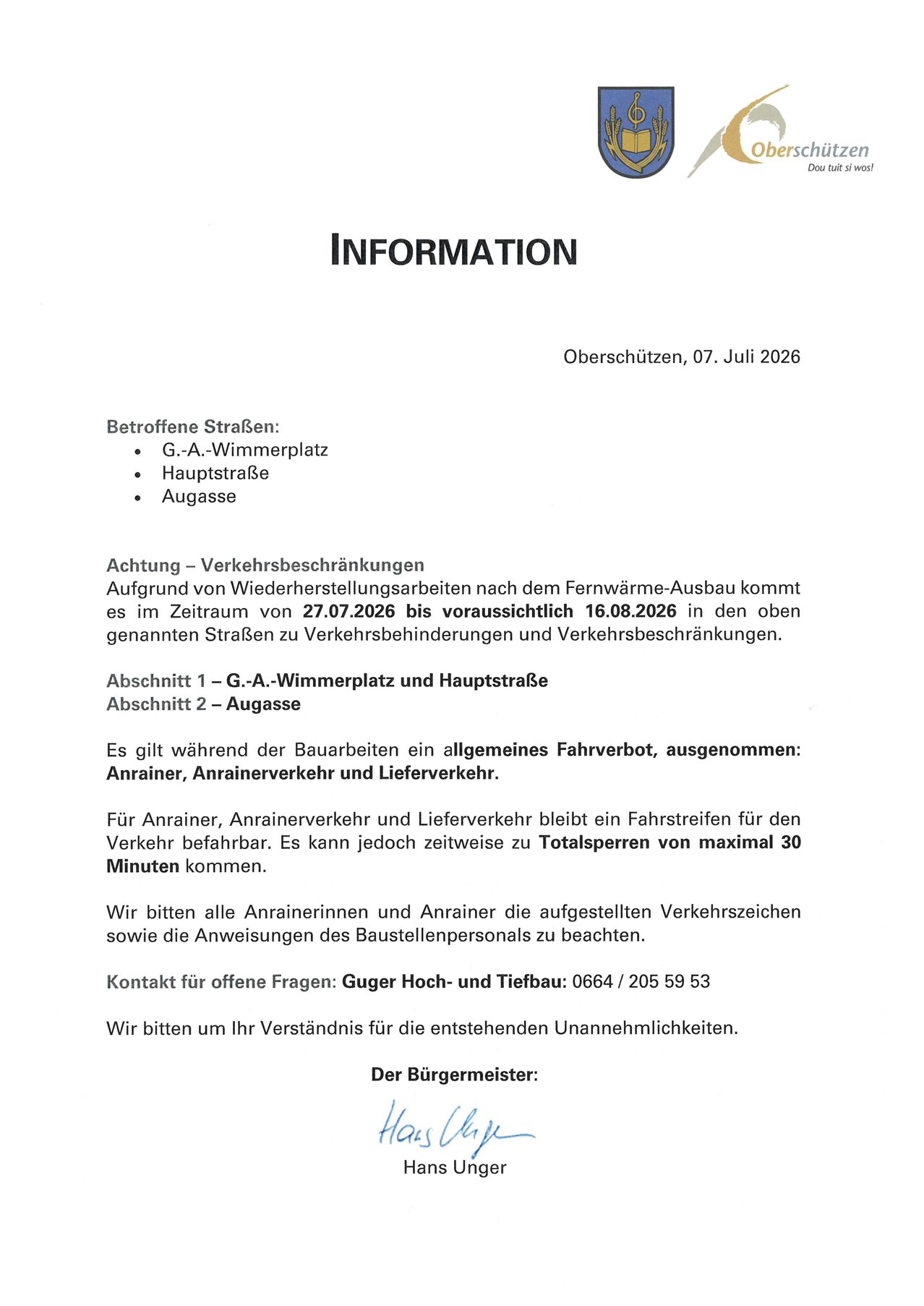 Ein Hinweis über Verkehrseinschränkungen aufgrund von Straßenbauarbeiten auf G-A-Wimmerplatz, Hauptstraße und Augasse vom 27.07.2026 bis voraussichtlich 16.08.2026. Es gibt ein allgemeines Fahrverbot für Baufahrzeuge, mit Ausnahmen für maximal 30 Minuten. Es wird um Aufmerksamkeit für Verkehrszeichen und Kontaktinformationen für Anfragen gebeten.