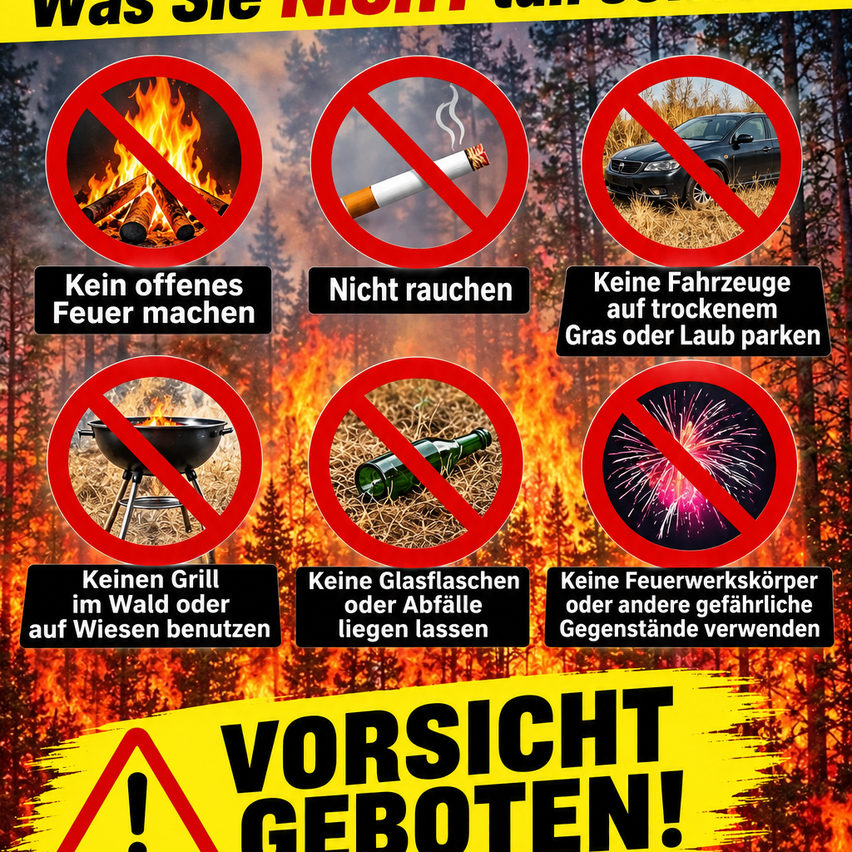 Ein Plakat mit verschiedenen Verbotsschildern gegen offenes Feuer, Rauchen, Parken auf trockenem Gras, Grillen im Wald, Hinterlassen von Glasflaschen und Verwendung von Feuerwerkskörpern. Das Plakat betont die Bedeutung der Brandschutzmaßnahmen.
