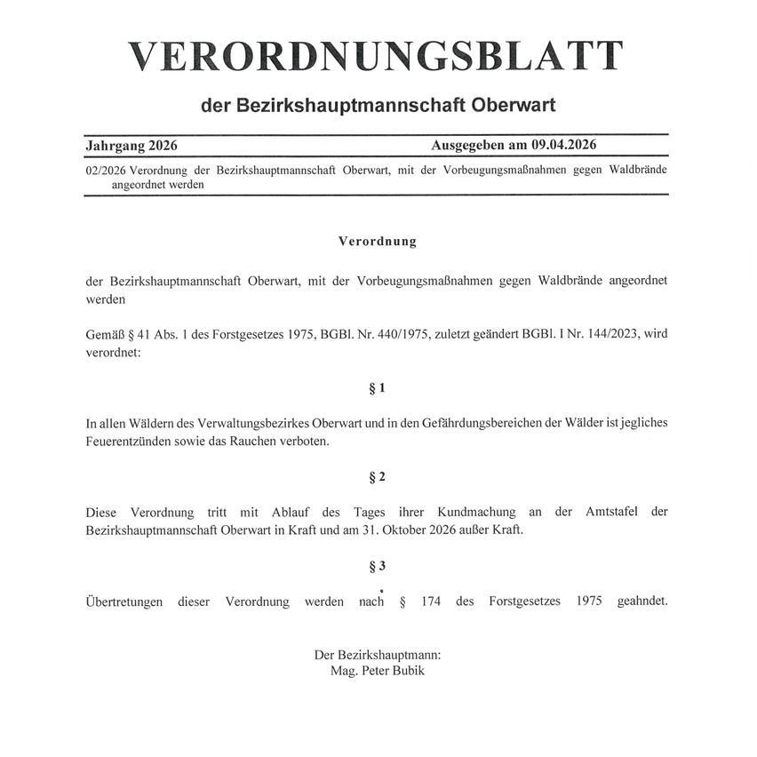 Ein offizielles Dokument der Bezirkshauptmannschaft Oberwart, Österreich, vom 9. April 2026, bezüglich einer Verordnung gegen Waldbrände.