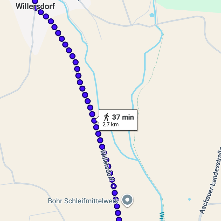 Das Bild zeigt eine Karte mit einer in Blau markierten Wanderroute, die von Willersdorf nach Bohr Schleifmittelwerk führt, insgesamt 2,7 km lang ist und 37 Minuten dauert.