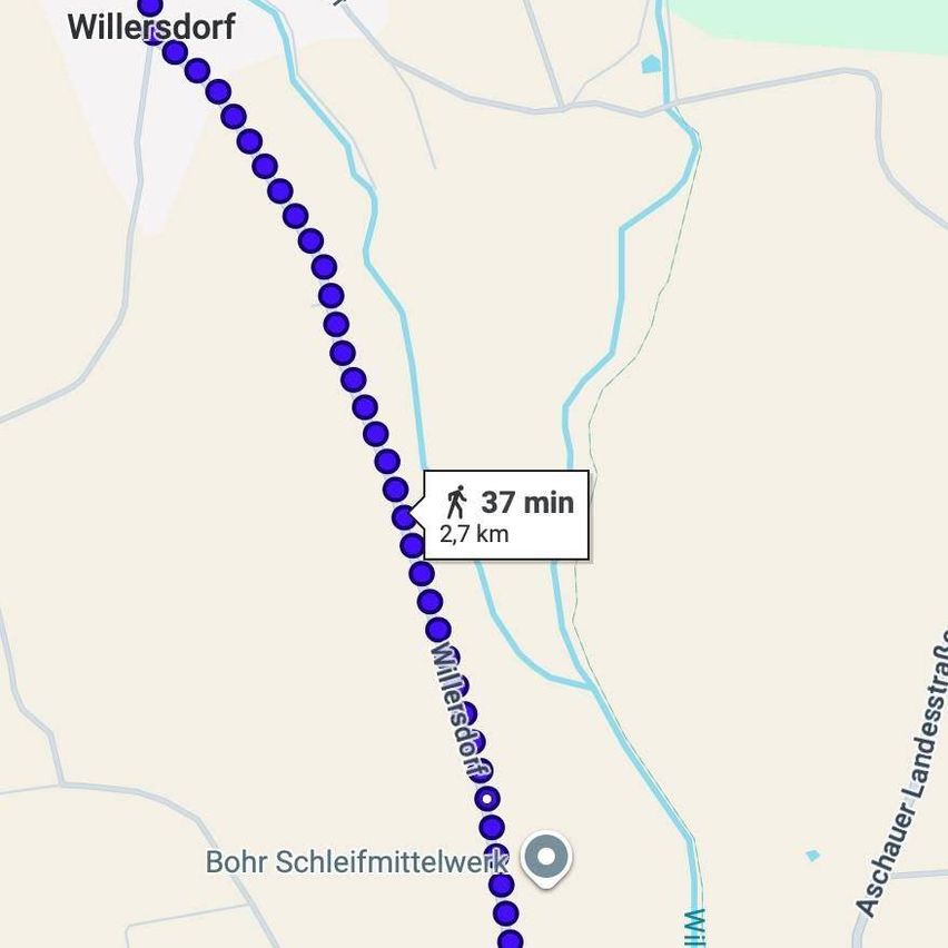 Eine Karte zeigt einen 2,7 km langen Wanderweg, der in Willersdorf beginnt und eine geschätzte Zeit von 37 Minuten. Der Weg ist mit blauen Punkten markiert.
