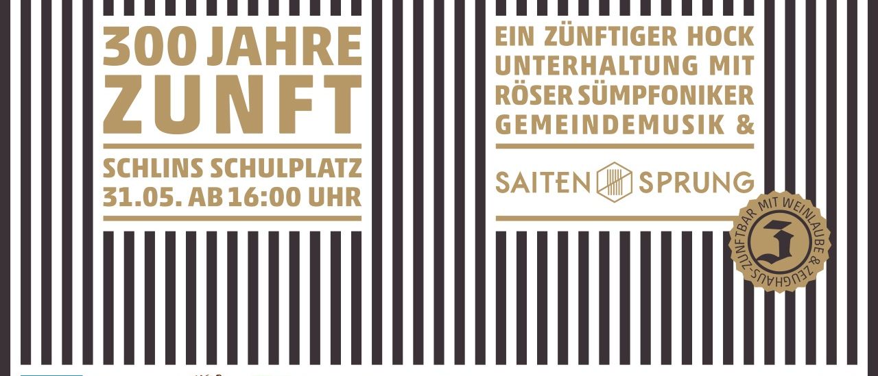 Das Bild zeigt ein Plakat mit einem schwarz-weiß gestreiften Hintergrund. Es bewirbt eine Veranstaltung mit dem Titel '5 Jahre Unterhaltungsroservierung Gemeindemus', die an einem Samstag stattfinden soll. Die Veranstaltung beginnt um 16:00 Uhr. Sponsoren und Partner sind ebenfalls auf dem Plakat aufgeführt.