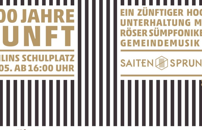 Das Bild zeigt ein Plakat mit einem schwarz-weiß gestreiften Hintergrund. Es bewirbt eine Veranstaltung mit dem Titel '5 Jahre Unterhaltungsroservierung Gemeindemus', die an einem Samstag stattfinden soll. Die Veranstaltung beginnt um 16:00 Uhr. Sponsoren und Partner sind ebenfalls auf dem Plakat aufgeführt.