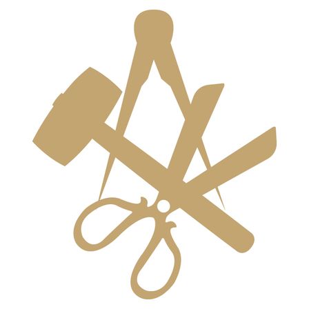 Eine goldfarbene Illustration eines Hammers, eines Winkels und eines Zirkels, die Handwerkskunst und Präzision symbolisieren.