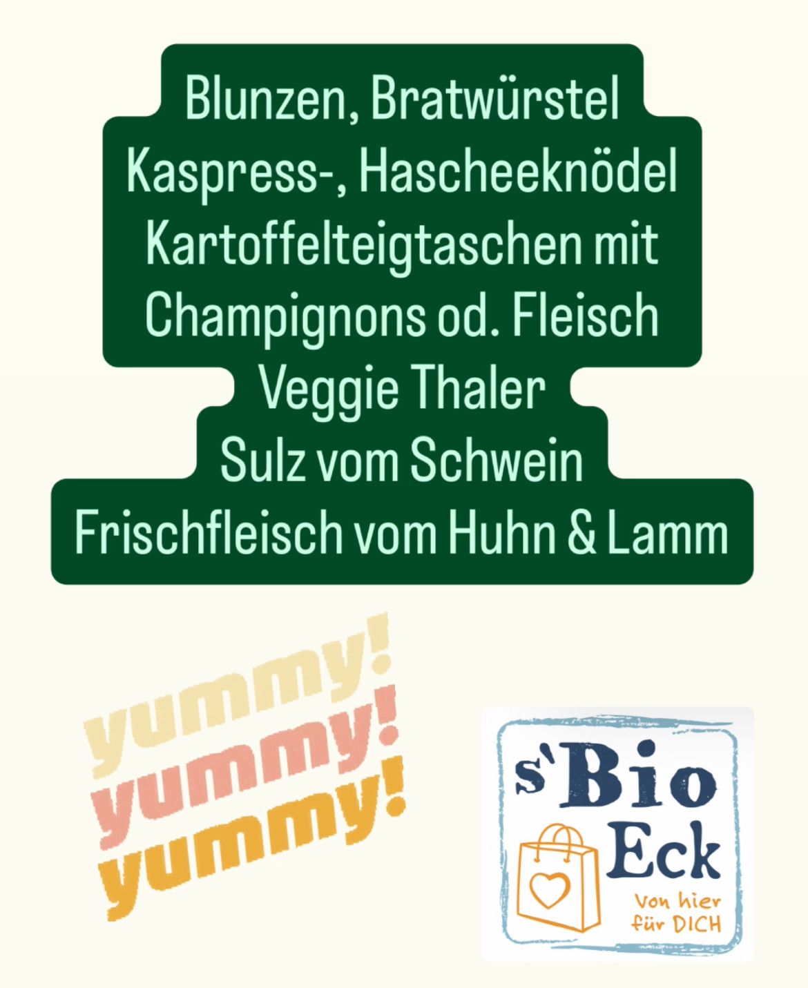 Das Bild zeigt eine Speisekarte mit verschiedenen Fleischprodukten wie Bratwurst, Wurst, Schinkenknochenklößchen, Kartoffelknödel mit Champignons oder Fleisch, Veggie-Platten, Schweinewurst und frischem Hühner- und Lammfleisch. Der Text 'lecker!' ist ebenfalls prominent angezeigt.