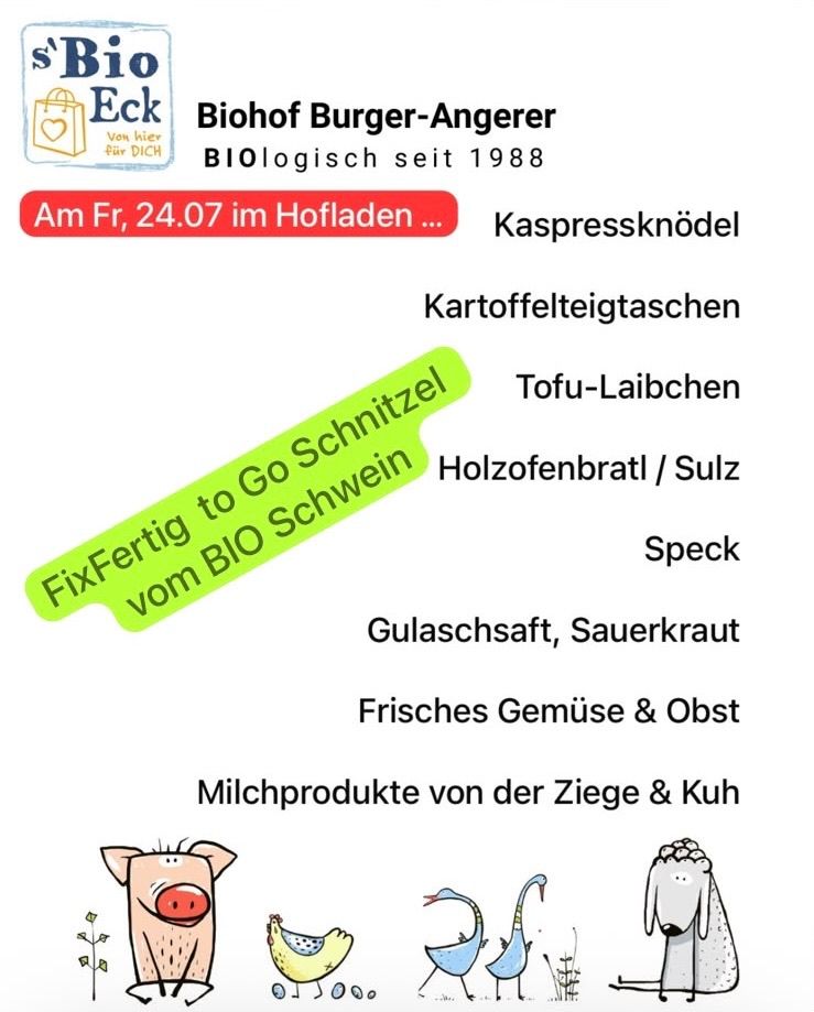 Ein Flyer für Biohof Burger-Angerer, der biologische Produkte wie Tofu-Laibchen, Holzofenbratl und frisches Gemüse präsentiert. Der Flyer bewirbt eine besondere Veranstaltung am 24. Juli im Hofladen.