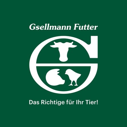 Grüner Hintergrund mit Gsellmann Futter Logo. Es zeigt eine Kuh und einen Vogel in einem Kreis. Darunter steht 'Das Richtige für Ihr Tier!', was im Englischen 'The right for your animal!' bedeutet.