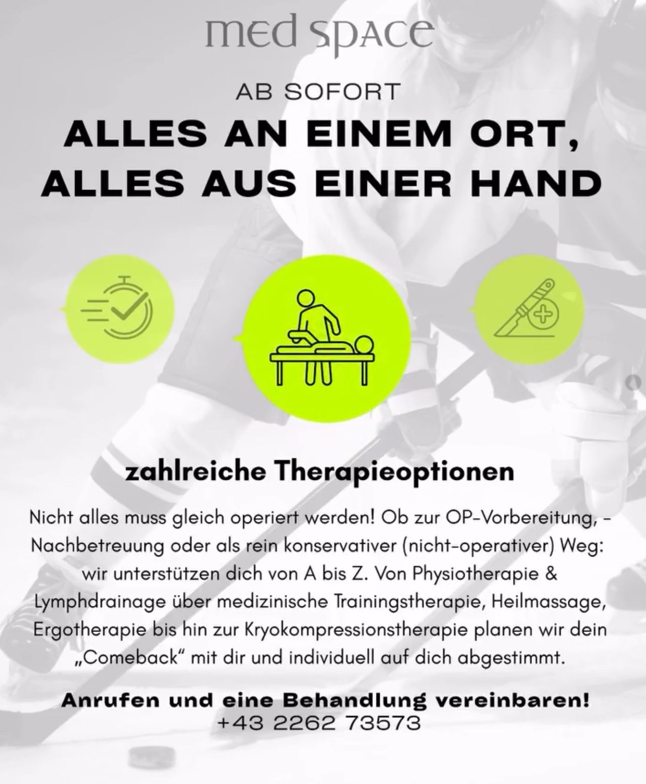 Das Bild bewirbt einen Gesundheitsdienst, der verschiedene Therapien von Physiotherapie bis Kryotherapie anbietet und betont einen nicht-operativen Ansatz in der Patientenversorgung. Es zeigt Symbole für Behandlungsmöglichkeiten und ermutigt zur Terminvereinbarung.