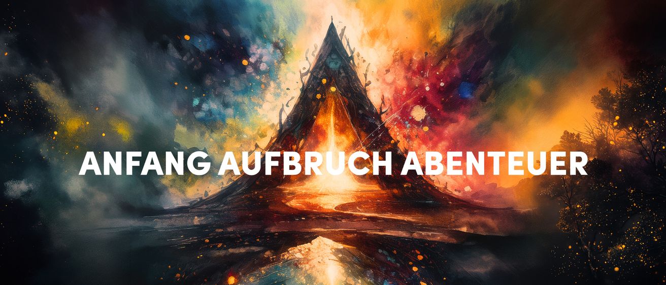 Ein feuerspeiender Berggipfel erhebt sich vor einem Hintergrund aus wirbelnden Farben und Licht, mit dem prominent angezeigten Text 'ANG AUFBRUCH ABENTE'.