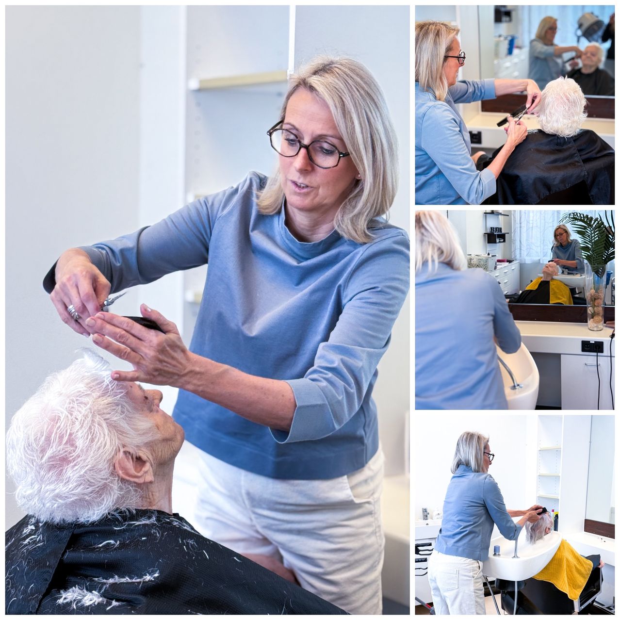 Bild enthält, Adult, Female, Person, Woman, Hairdresser, Haircut, Glasses, Male, Man, Face