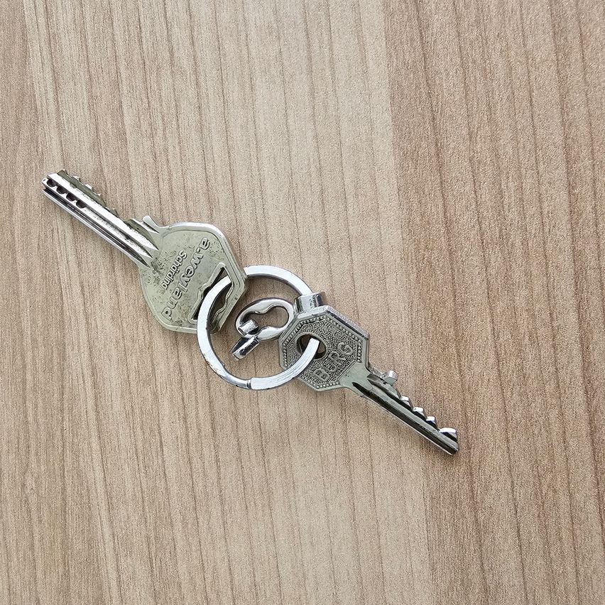 Zwei silberne Schlüssel sind an einem Metallring befestigt und auf einer Holzoberfläche platziert. Die Schlüssel haben ein Schlüsselloch und eine Schleife.