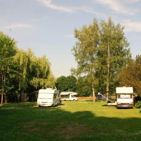 Ein sonniger Tag mit zwei geparkten weißen Wohnmobilen auf einer Rasenfläche, umgeben von Bäumen und einem Holzzaun.