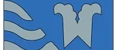 Ein blauer Schild mit einem weißen Wellenmuster und einem weißen Buchstaben W in der Mitte.
