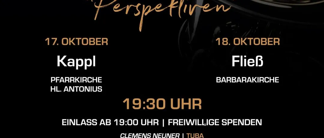 Plakat für das Kirchenkonzerte-Event 2026 des sinfonischen Blasorchesters aus Paznaun. Der Titel 'Perspektiven' und die Daten 17. und 18. Oktober sind auf dem Plakat zu sehen. Es enthält die Orte und Zeiten der Konzerte sowie die Namen der Künstler.