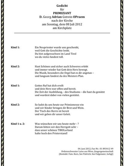 Eine Anerkennungsurkunde für einen Priester namens D. Georg Adrian Gstrein OPraem, verliehen nach einer Messe am 8. Juli 2012 auf dem Kirchplatz. Sie enthält ein Gedicht mit zwei Teilen, jeweils für ein Kind.