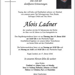 Eine Todesanzeige für Alois Ladner, mit Angaben zum Begräbnis und der Beerdigung, einschließlich eines Fotos des Verstorbenen.