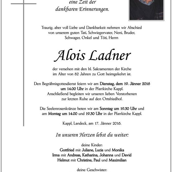 Eine Todesanzeige für Alois Ladner, mit Angaben zum Begräbnis und der Beerdigung, einschließlich eines Fotos des Verstorbenen.