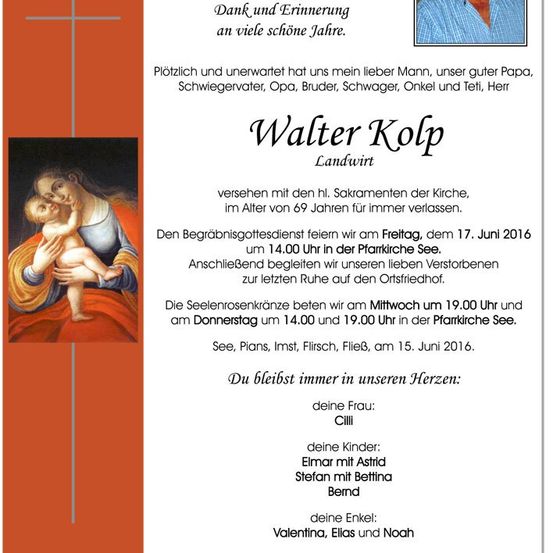 Ein Gedenkzettel für Walter Kolp mit einem religiösen Bild einer Mutter und eines Kindes, Daten und Zeiten für Beerdigungsgottesdienste und einer Liste der Familienmitglieder.