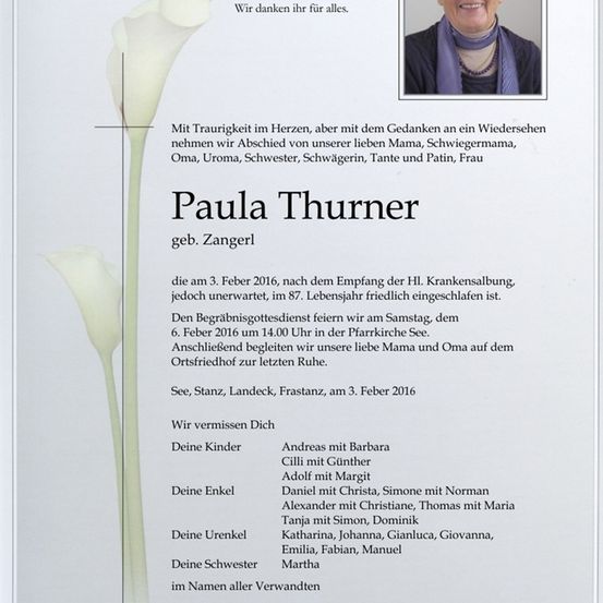 Traueranzeige für Paula Thurner, die am 3. Februar 2016 verstarb. Die Anzeige enthält ein Foto von Paula, ihren Familienstammbaum und Datum und Ort ihrer Beerdigung.