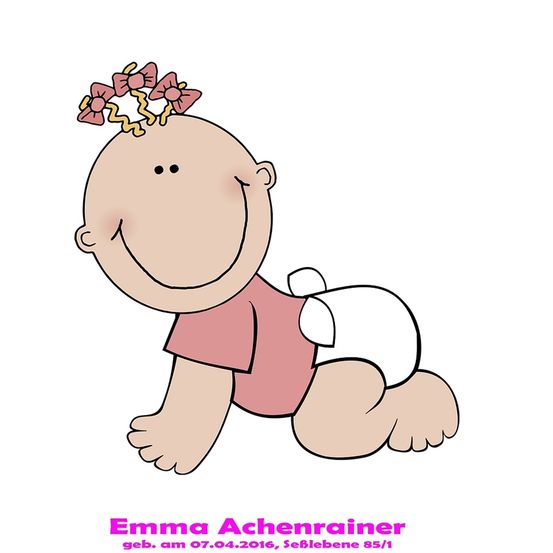 Eine Cartoon-Illustration eines kleinen Mädchens mit rosa Schleifen im Haar, das ein rosa Shirt und eine Windel trägt, lächelt und auf einem weißen Hintergrund krabbelt. Das Bild enthält den Namen und das Geburtsdatum des Babys.