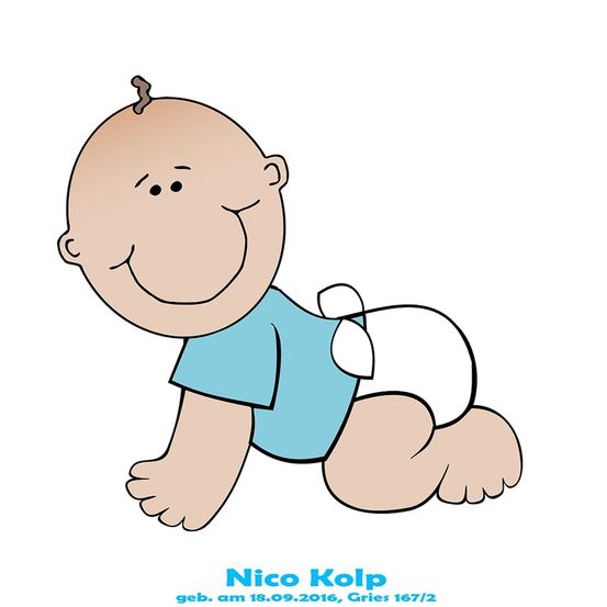 Eine Cartoon-Baby namens Nico Kolp, geboren am 18.09.2016, trägt ein blaues T-Shirt und eine Windel, lächelt und krabbelt auf weißem Hintergrund.