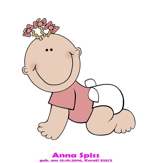 Illustration eines kleinen Mädchens namens Anna Spiss, geboren am 13.10.2016, in einem rosa T-Shirt und Windel, kriechend auf weißem Hintergrund.