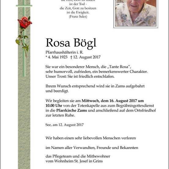 Ein Gedenkzettel für Rosa Bogl, geboren am 4. Mai 1923 und verstorben am 12. August 2017. Der Zettel enthält ein Foto von Rosa, einen Zitat und Details über ihre Beerdigung und Bestattung.