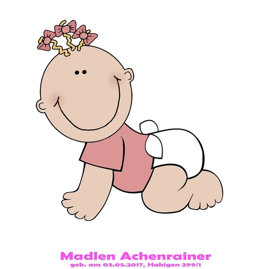Eine gezeichnete Baby-Mädchen mit rosa Schleifen im Haar, trägt ein rosa Shirt und Windel, lächelt und krabbelt auf einem weißen Hintergrund. Das Bild trägt den Titel 'Madlen Achenrainer' und ist vom 3. Mai 2017.