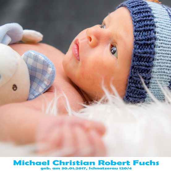 Ein neugeborener Junge mit blauen Augen und einer gestrickten blauen Mütze liegt auf einer weißen Pelzdecke und hält ein blau-weißes Kuscheltier. Der Name des Babys, Michael Christian Robert Fuchs, wird unten angezeigt.