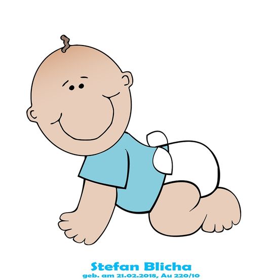 Eine Karikatur eines Babys in einem blauen Hemd und Windel, das lächelt und auf einem weißen Hintergrund krabbelt. Das Baby heißt Stefan Blicha, geboren am 21. Februar 2018.