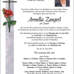 Traueranzeige für Armella Zangerl, die im Alter von 87 Jahren verstarb, mit Angaben zum Begräbnis und den Zeiten der Aufbahrung.