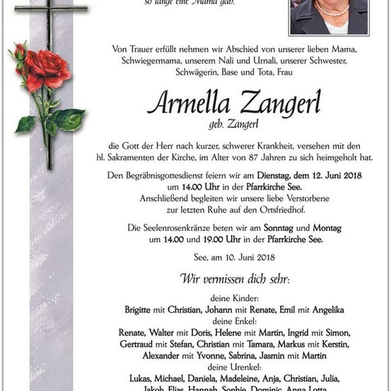 Traueranzeige für Armella Zangerl, die im Alter von 87 Jahren verstarb, mit Angaben zum Begräbnis und den Zeiten der Aufbahrung.