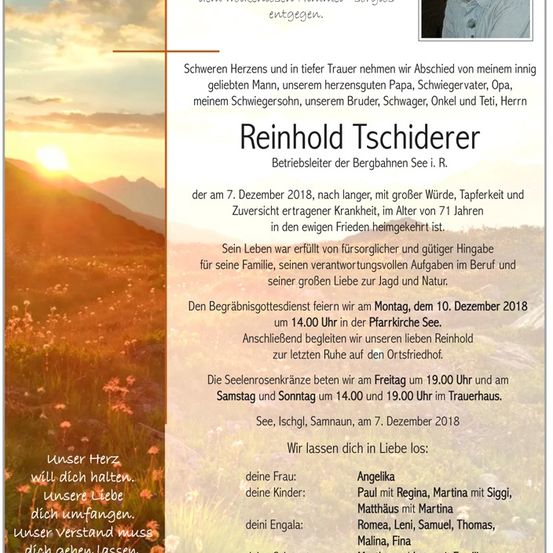 Ein Gedenkposter für Reinhold Tschiderer, der im Alter von 71 Jahren verstarb, enthält ein Foto, eine herzliche Botschaft und Details über seine Beerdigung und den Besuch.