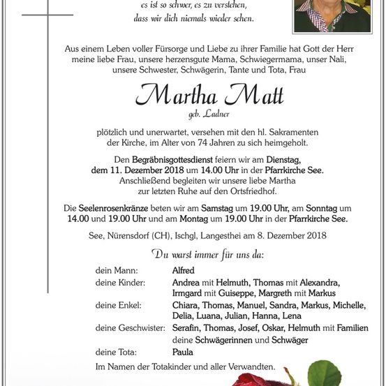 Ein Gedenkzettel für Martha Matt, die im Alter von 74 Jahren verstarb. Der Zettel enthält Informationen über ihre Familie und die Termine der Beerdigungsfeier.