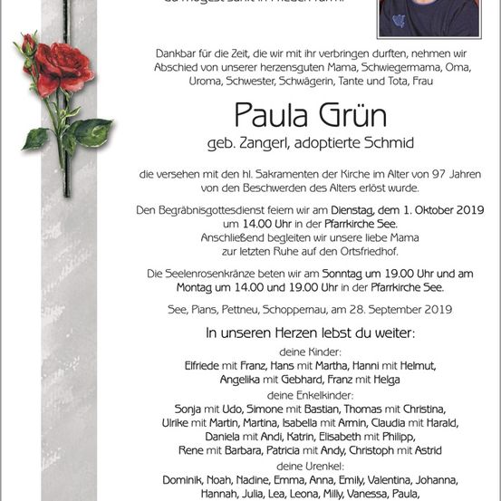 Eine Gedenkkarte für Paula Grün, die im Alter von 97 Jahren verstorben ist, enthält ein Foto, ein Gedicht und Details zur Beerdigung und Bestattung.
