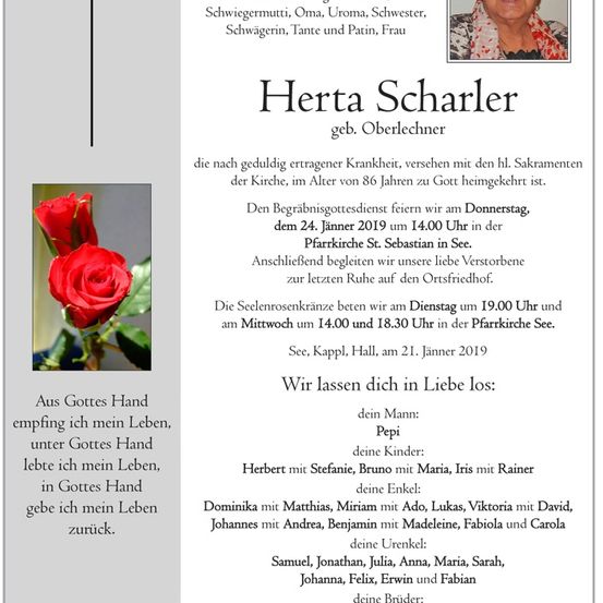 Ein Nachruf auf Herta Scharler, die im Alter von 86 Jahren verstarb, enthält Details über ihre Beerdigung, Beisetzung und Familienmitglieder. Eine rote Rose ist auf der linken Seite der Seite abgebildet.