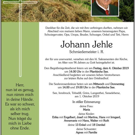 Ein Gedenkposter für Johann Jehle, der im Alter von 96 Jahren verstarb. Das Poster enthält ein Foto von ihm, ein herzliches Gedicht und Details über seine Beerdigung und Familie.