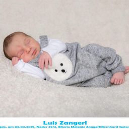Ein neugeborener Babyjunge namens Luis Zangerl, geboren am 8. Februar 2019, schläft friedlich auf einem weißen Teppich. Er trägt ein graues Strampler mit einem weißen Bären-Plüschtier.