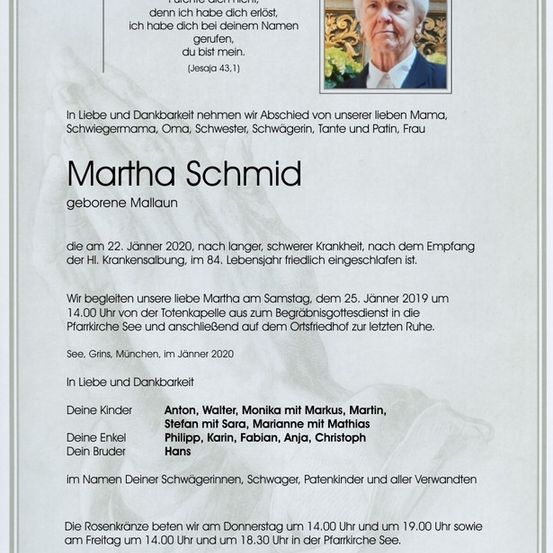 Ein Gedenkzettel für Martha Schmid, die am 22. Januar 2020 verstarb. Der Zettel enthält ein Foto von Martha, Details über ihre Familie und Informationen zu ihrer Beerdigung und Gedenkfeiern.