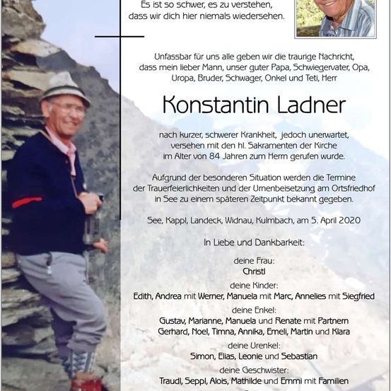 Ein Gedenkzettel für Konstantin Ladner, mit einem Foto von ihm vor einem Berghintergrund und Details über sein Leben und seine Familie. Der Zettel ist auf Deutsch.