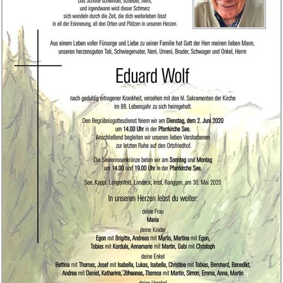 Ein Gedenkposter für Eduard Wolf mit seinem Foto, Details über sein Leben und Informationen zu seinen Beerdigungsfeierlichkeiten. Das Poster enthält seinen Namen, sein Alter und eine herzliche Nachricht von seiner Familie.
