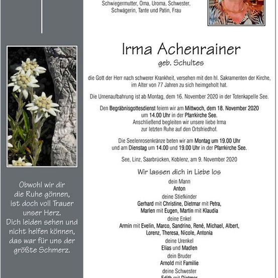 Ein Todesanzeige für Irma Achenrainer, mit einem Foto von ihr und Informationen über ihre Beerdigung und Bestattung. Die Anzeige ist auf Deutsch geschrieben.