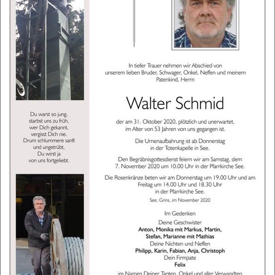 Ein Todesanzeige für Walter Schmid, der am 3. Oktober 2020 verstarb. Die Anzeige enthält Details über den Trauergottesdienst und die Bitte der Familie um Einhaltung der Hygienemaßnahmen.