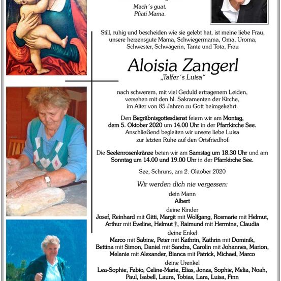 Ein Gedenkposter für Aloisia Zanger mit einem religiösen Bild einer Mutter und eines Kindes, einem Foto von Aloisia und Details über ihre Beerdigung und Gedenkfeiern.