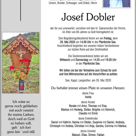 Ein Gedenkposter für Josef Dobler mit einem Foto von ihm, einem Kreuz und einer Landschaft. Der Text enthält Details über seine Beerdigung und Bestattung.