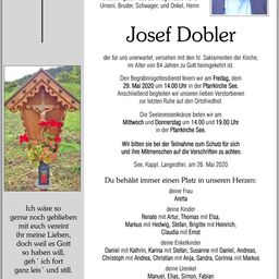 Ein Gedenkposter für Josef Dobler mit einem Foto von ihm, einem Kreuz und einer Landschaft. Der Text enthält Details über seine Beerdigung und Bestattung.
