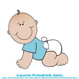 Illustration eines lächelnden Babys in einem blauen Shirt und Windel, mit dem Namen Laurin Friedrich Spiss und Geburtsdetails.