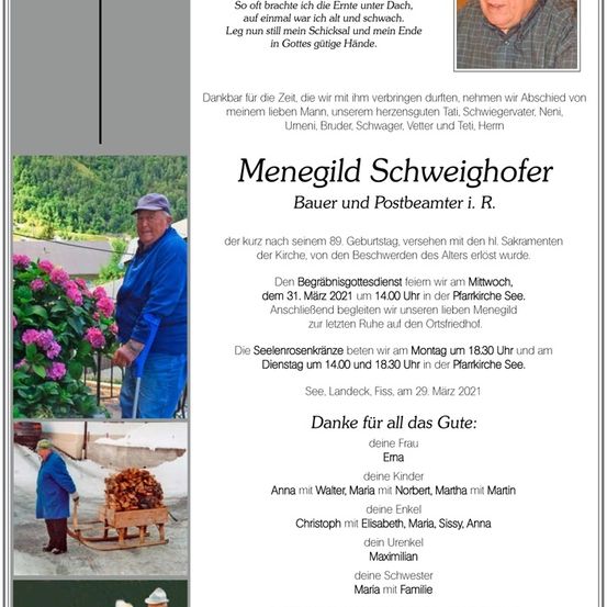 Ein Nachruf für Menegil Schweighofer, Bauer und Postbeamter, enthält ein Foto, Details seiner Beerdigung und eine Liste der Familienmitglieder.
