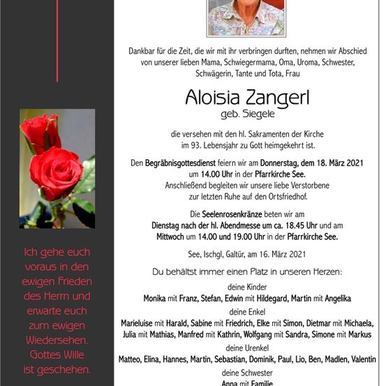 Ein Gedenkposter für Aloisia Zangerl, geboren Siegele, die 1993 verstarb. Das Poster zeigt ein Foto von Aloisia, eine herzliche Botschaft und Details über die Beerdigung und Gedenkfeiern.