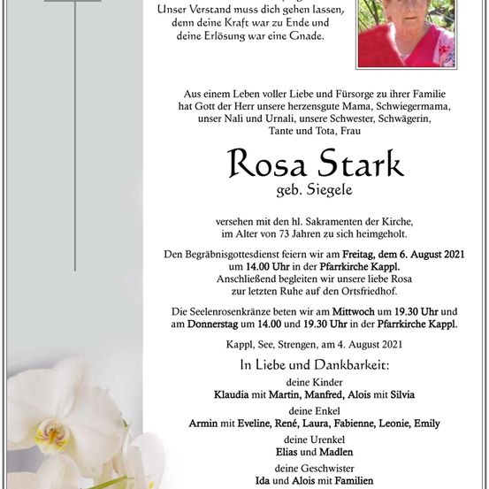 Ein Gedenkposter für Rosa Stark, die im Alter von 73 Jahren verstorben ist. Das Poster enthält ein Foto von Rosa, eine herzliche Botschaft und Details über ihre Beerdigung und Trauerfeier.